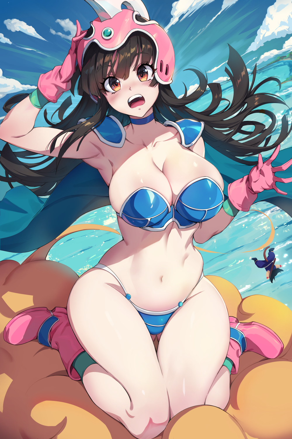 1boy 1girl aged_up armor bikini bikini_armor black_hair blue_bikini blue_sky boots breasts brown_eyes chi-chi_(dragon_ball) cleavage cloud collarbone d: dragon_ball dragon_ball_(classic) flying_nimbus gloves helmet highres large_breasts long_hair navel ocean open_mouth outdoors pink_boots pink_gloves pink_helmet rodway sitting sky solo_focus son_goku swimsuit teeth thighs tongue upper_teeth_only wariza wide_hips