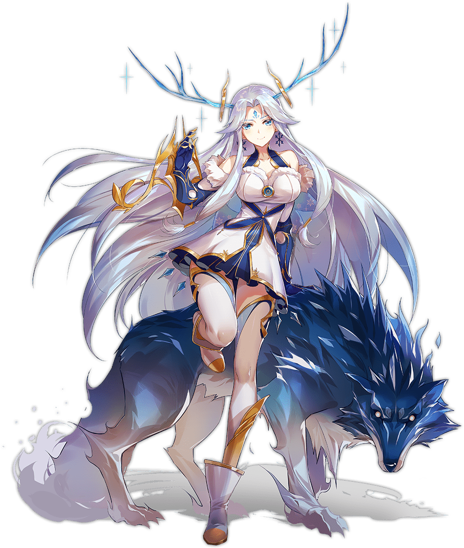 1girl antler_ornament antler_ring antlers ark_order bare_shoulders blue_fur blue_gloves boots breasts detached_sleeves dress earrings full_body fur-trimmed_sleeves fur_trim gloves gold_trim grey_hair horns jewelry large_breasts long_hair long_sleeves looking_at_viewer official_art parted_bangs see-through_clothes see-through_legwear sidelocks skadi_(ark_order) smile snowflake_earrings snowflake_print solo sparkle spirit tachi-e thighhighs transparent_background variant_set very_long_hair weapon white_boots white_dress white_thighhighs wolf