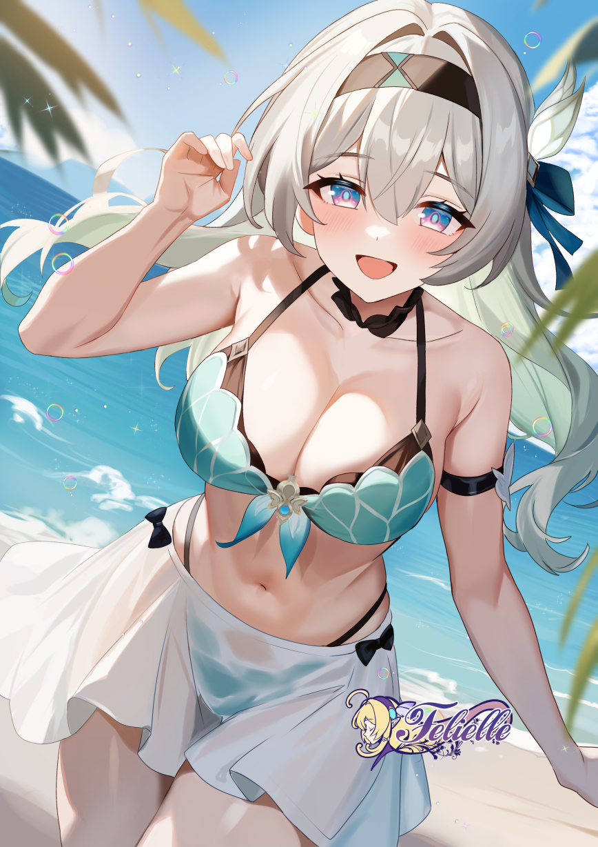 1girl aqua_bikini arm_strap bare_shoulders bikini bikini_skirt black_bow black_hairband blue_ribbon blue_sky bow breasts commentary cowboy_shot day felielle firefly_(honkai:_star_rail) grey_hair hair_ribbon hairband hand_up highres honkai:_star_rail honkai_(series) large_breasts miniskirt navel ocean purple_eyes ribbon skirt sky solo standing stomach swimsuit water white_skirt