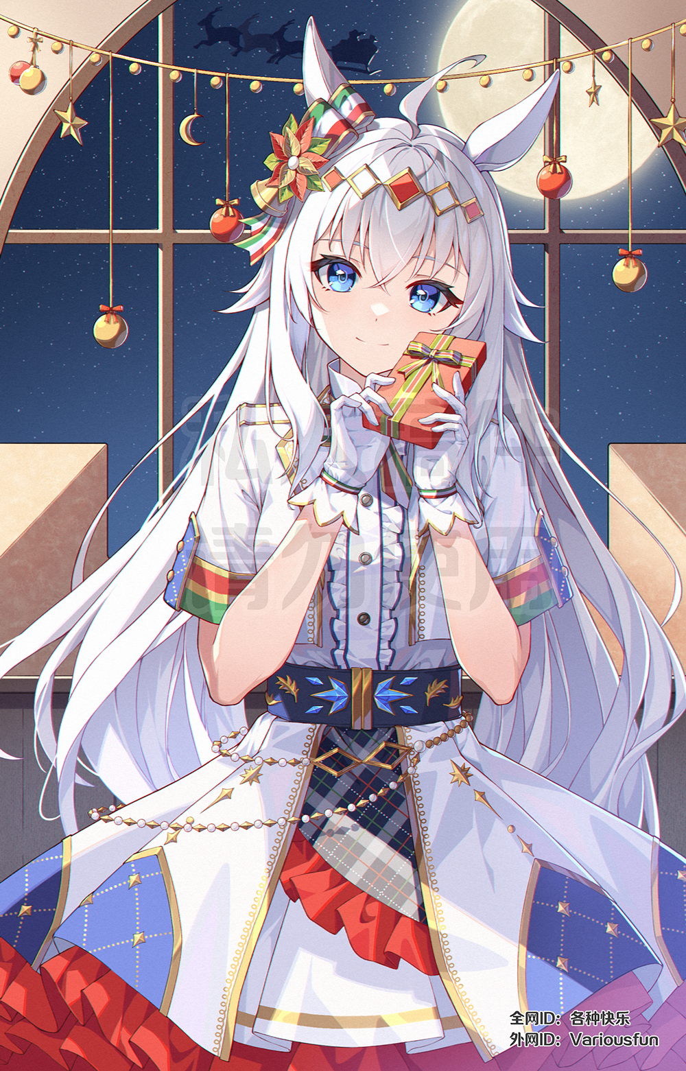 1girl ahoge animal_ears bell blue_eyes blurry blurry_background bow bowtie buttons center_frills christmas commentary_request cropped_jacket frills ge_zhong_kuaile gloves grey_hair hair_bell hair_between_eyes hair_ornament highres horse_ears horse_girl horse_tail jacket long_hair looking_at_viewer multicolored_hair night official_alternate_costume oguri_cap_(miraculous_white_star)_(umamusume) oguri_cap_(umamusume) open_clothes open_jacket open_mouth short_sleeves skirt snowing streaked_hair striped_bow tail umamusume white_gloves white_hair white_jacket white_skirt white_tail