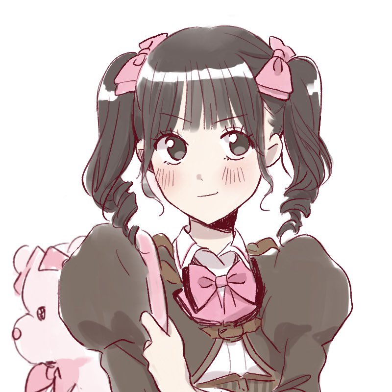 1girl animal_bag arm_at_side assault_lily backpack bag bear_bag black_eyes black_hair blush bow bowtie brown_jacket closed_mouth collared_shirt commentary_request corset drill_hair hair_bow hand_up holding_strap jacket juliet_sleeves long_sleeves looking_at_viewer ludvico_private_girls&#039;_academy_school_uniform narumi_clara_yuuko open_clothes open_jacket pink_bow pink_bowtie puffy_sleeves school_uniform shakeza shirt short_hair simple_background smirk solo twin_drills twintails underbust upper_body v-shaped_eyebrows white_background white_shirt