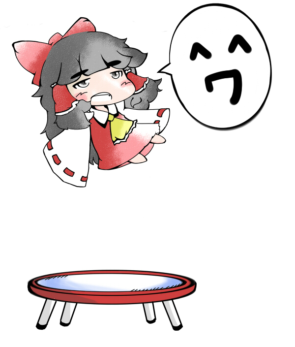 1girl barefoot black_hair blush_stickers bow chibi dress emoticon eyebrows female_focus hair_bow hakurei_reimu japanese_clothes long_sleeves open_mouth simple_background sleeves_past_wrists solo touhou trampoline white_background yofukashi