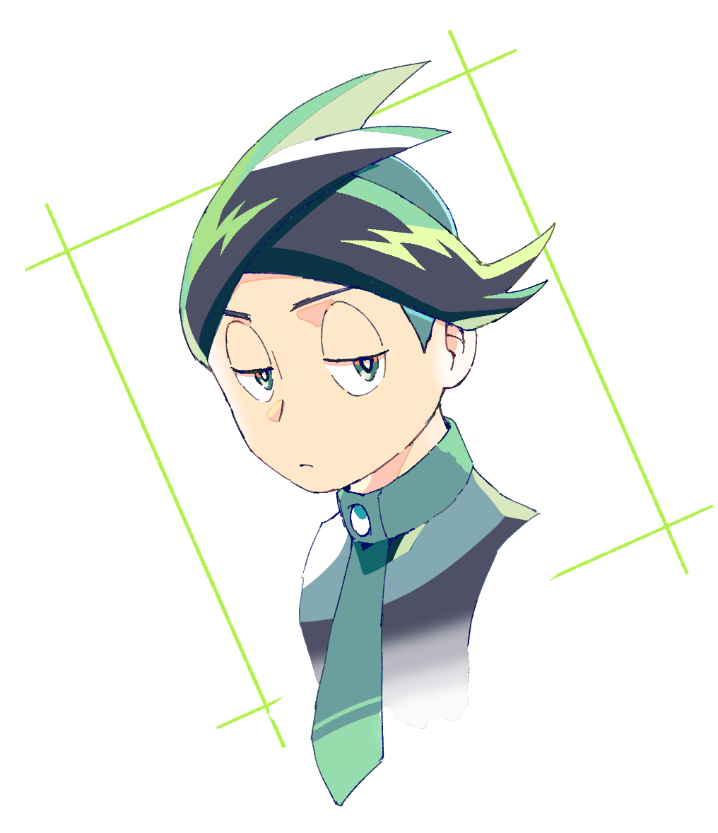 1boy black_hair black_shirt closed_mouth cropped_shoulders frown green_necktie grey_eyes half-closed_eyes looking_at_viewer male_focus necktie nintendo pokemon pokemon_dppt pokemon_platinum shinkichi shirt short_hair solo thorton_(pokemon) white_background