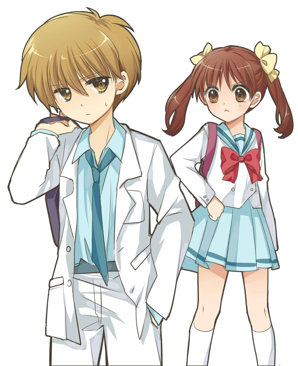1990s_(style) 1boy 1girl :&lt; angry arm_at_side backpack bag belt black_bag blue_belt blue_necktie blue_sailor_collar blue_shirt blue_skirt bow bowtie brown_eyes brown_hair buttons chinese_commentary commentary couple cowboy_shot double-breasted dress_shirt feet_out_of_frame formal_clothes frown hair_between_eyes hair_bow hand_on_own_hip hayama_akito highres holding holding_bag jacket kaoruru_(sakuno2911) kodomo_no_omocha kurata_sana light_blush looking_at_another looking_at_viewer necktie open_clothes open_jacket over_shoulder panties pleated_skirt purple_bag red_bow red_bowtie retro_artstyle sailor_collar school_bag school_uniform shirt simple_background skirt socks standing suit suit_jacket sweatdrop twintails unamused underwear v-shaped_eyebrows white_background white_jacket white_panties white_shirt white_socks white_suit yellow_bow