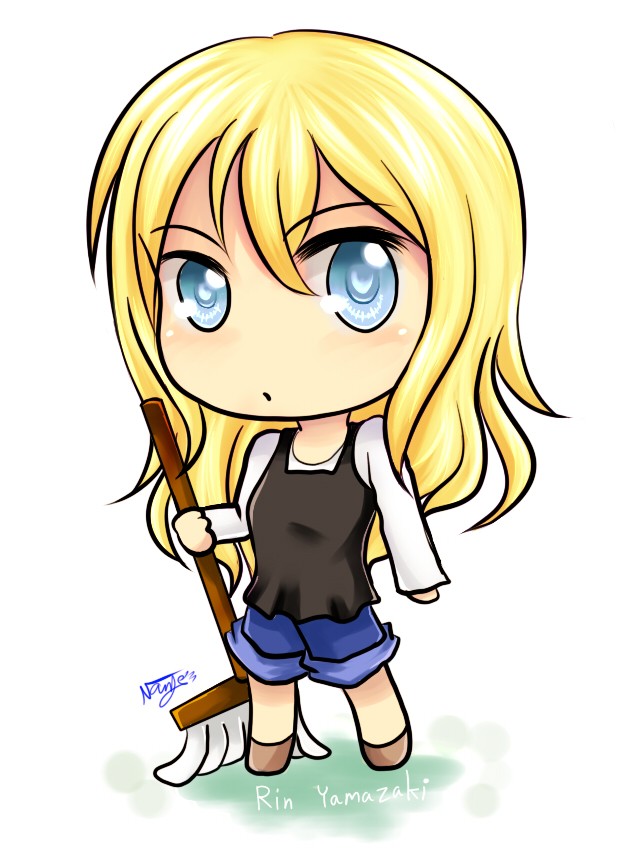 1girl artist_name blonde_hair blue_eyes blush character_name chibi denim denim_shorts english_text female_focus holding jeans long_hair mermaid_swamp mop nanji_ac ningyo_numa pants shorts solo standing text_focus yamazaki_rin