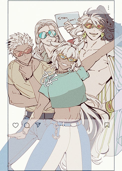 1girl 3boys alessandro_di_cagliostro_(fate) alternate_costume archer_(fate) ashiya_douman_(fate) caenis_(fate) cowboy_shot cropped_shirt dark-skinned_female dark-skinned_male dark_skin english_text facing_viewer fate/grand_order fate_(series) long_hair multicolored_hair multiple_boys sbdugite shirt short_hair simple_background spiked_hair standing sunglasses topless_male two-tone_hair white_background white_hair