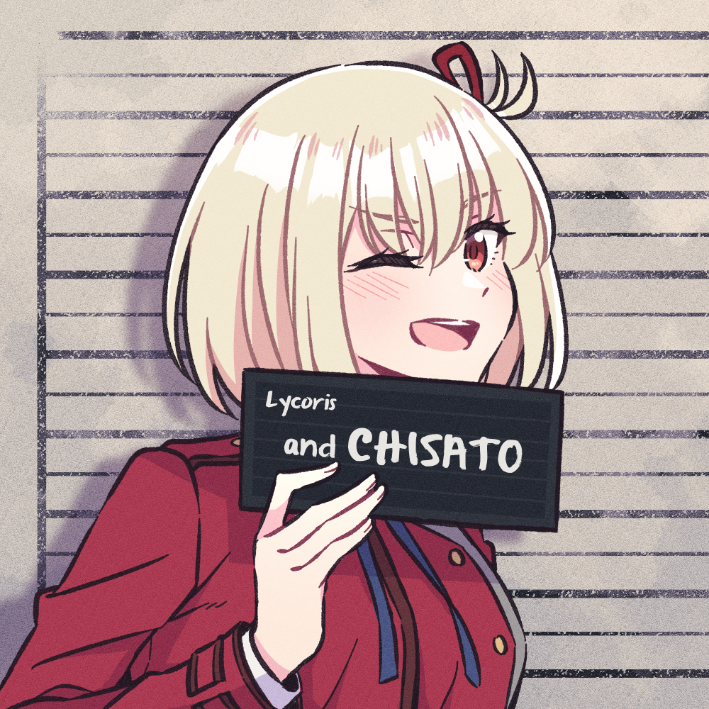 1girl akamirai blonde_hair hair_ribbon jacket looking_at_viewer lycoris_recoil mugshot nishikigi_chisato one_eye_closed open_mouth red_jacket red_ribbon ribbon short_hair smile