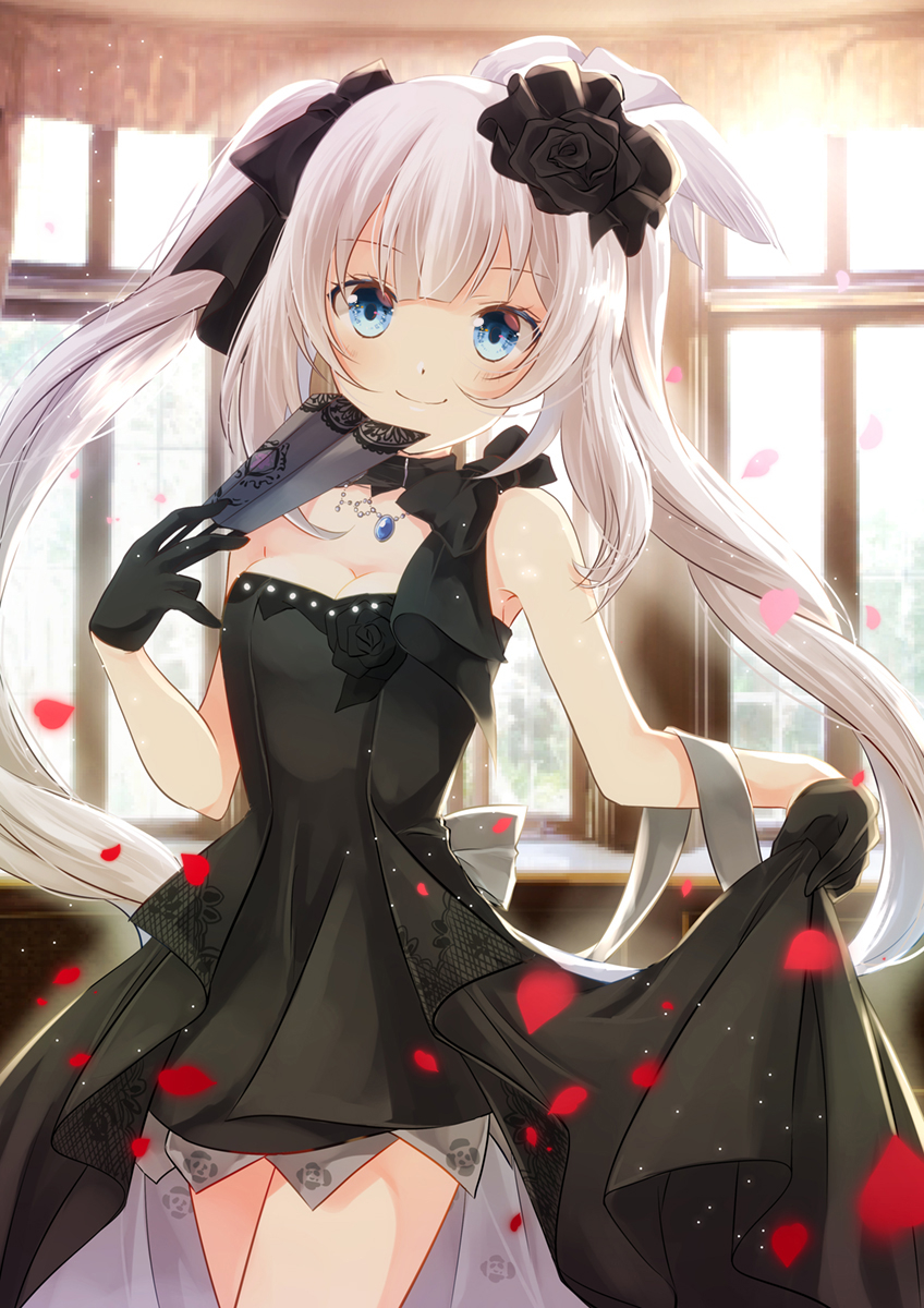 1girl black_gloves black_ribbon blue_eyes blush breasts choker cleavage cowboy_shot dress fate/grand_order fate_(series) female_focus floating_hair gloves hair_ribbon hand_fan highres holding holding_fan indoors iroha_(shiki) jewelry long_hair looking_at_viewer marie_antoinette_(fate) marie_antoinette_(formal_dress)_(fate) medium_breasts microsoft_windows necklace official_alternate_costume petals ribbon short_dress silver_hair skirt_hold sleeveless sleeveless_dress smile solo standing strapless strapless_dress twintails very_long_hair