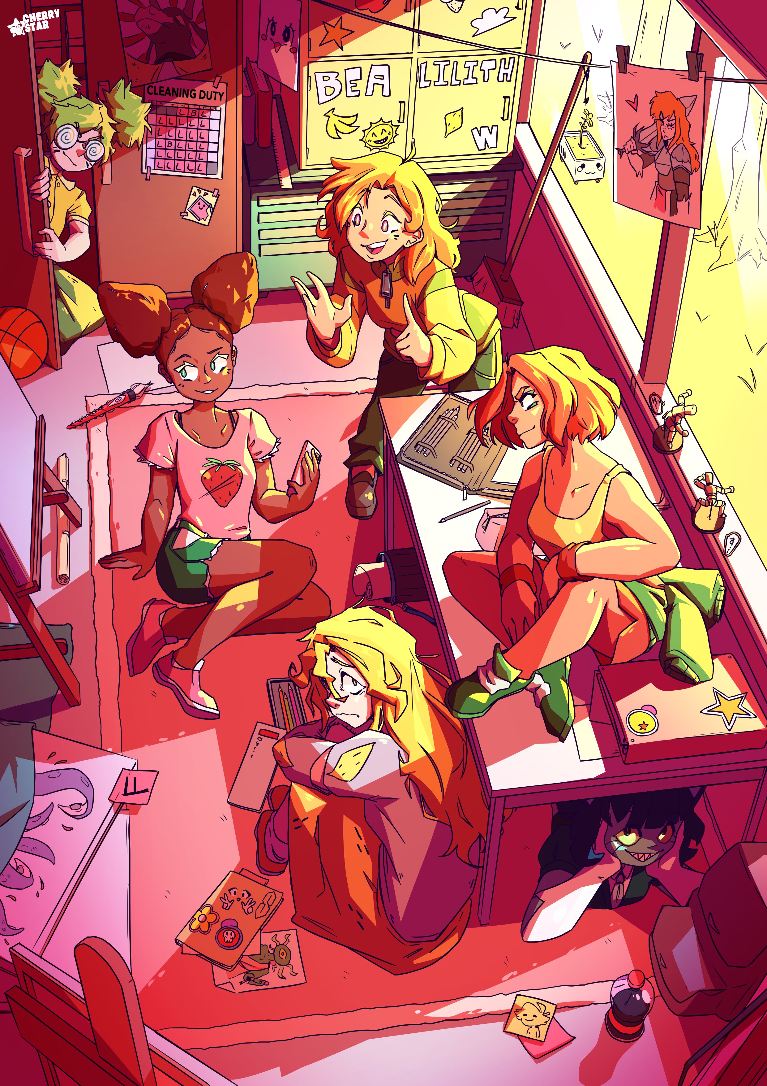 6+girls absurdres artist_name ball banana basketball_(object) blonde_hair book broom brown_hair cherrystar cloud coke-bottle_glasses colored_skin cool_s door double_bun drawing_mannequin flower food food_print fruit fruit_print glasses grass green_eyes green_footwear green_hair green_pants green_shorts green_skin grey_footwear grey_sweater hair_bun highres lemon locker multiple_girls open_mouth orange_hair orange_shorts paintbrush pants parted_lips pencil pink_eyes pink_shirt pink_shoes print_shirt profile public_u._art_club rug shadow sharp_teeth shirt shoes short_sleeves shorts sitting sitting_on_table skirt smile soda_bottle star_(symbol) sticker sticky_note strawberry_print sweater table tank_top teeth tentacles tree window yellow_flower yellow_shirt yellow_shoes yellow_skirt yellow_tank_top zipper_pull_tab