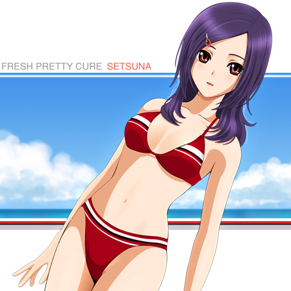 00s 1girl bikini brown_eyes cloud day dutch_angle female_focus fresh_precure! hair_ornament hairclip higashi_setsuna long_hair ocean precure purple_hair sekken_kasu_barrier sky solo summer swimsuit