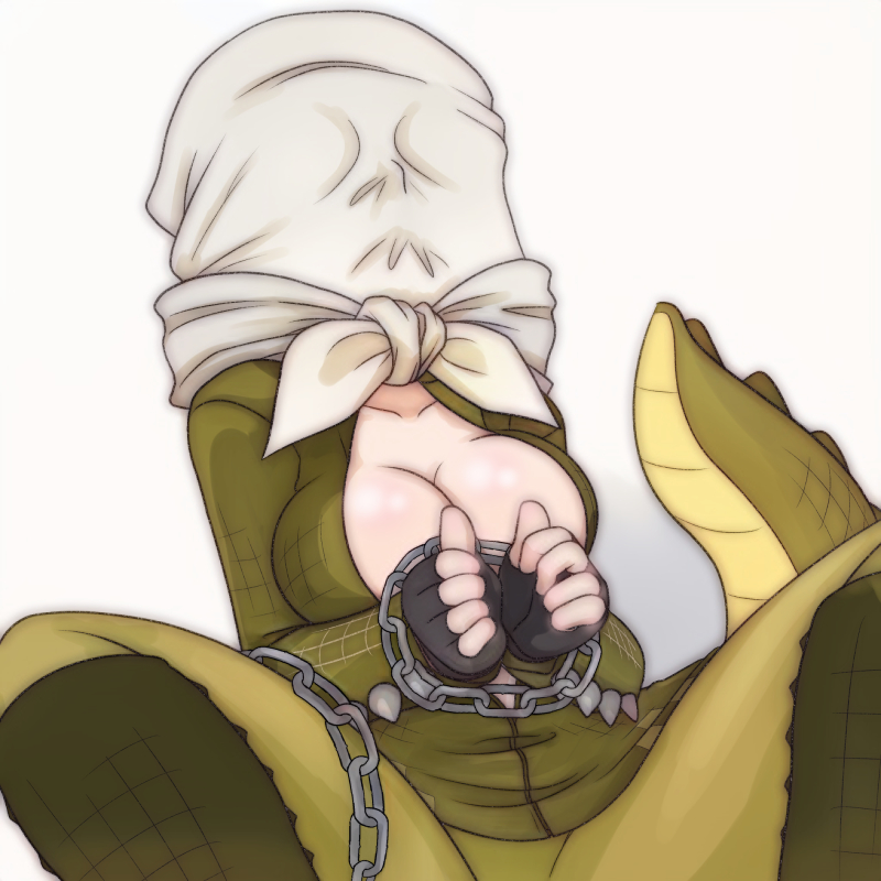 1girl bag_over_head black_gloves bound bound_wrists breasts chain crocodilian_tail fingerless_gloves gloves green_jacket green_tail jacket kemono_friends large_breasts m_legs open_clothes restrained saltwater_crocodile_(kemono_friends) solo t_jiroo_(ringofriend) tail