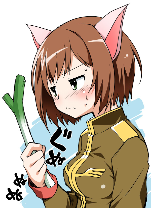 10s 1girl akou_roushi animal_ears blush breasts brown_hair cat_ears commentary_request fang female_focus green_eyes gundam idolmaster idolmaster_cinderella_girls maekawa_miku military military_uniform short_hair simple_background solo spring_onion translation_request zeon
