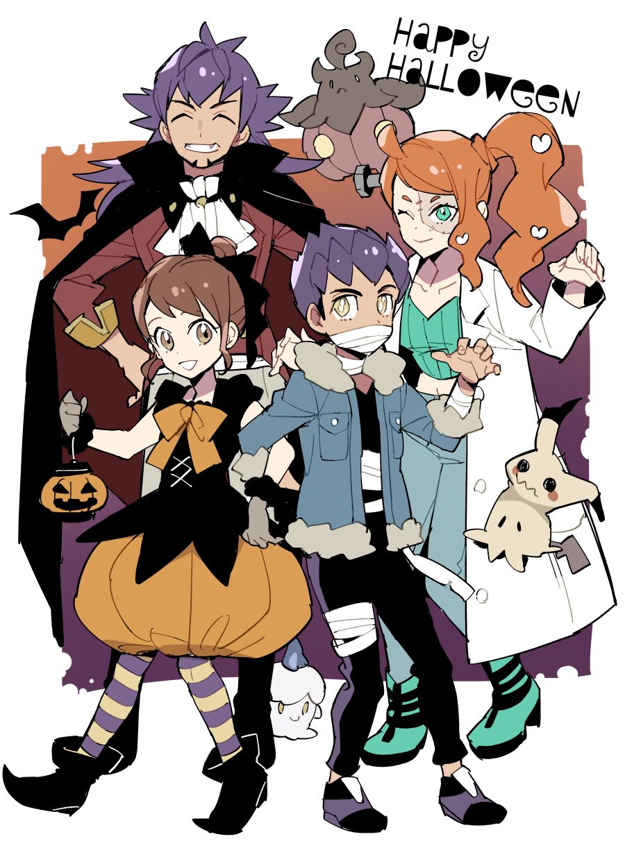 ;) ascot black_shoes boots bow bowtie closed_mouth commentary_request facial_hair game_freak gen_5_pokemon gen_6_pokemon gen_7_pokemon gloria_(pokemon) green_eyes grin hair_ornament halloween halloween_bucket heart heart_hair_ornament highres hop_(pokemon) jacket leon_(pokemon) litwick long_hair mimikyu nintendo one_eye_closed orange_bow orange_bowtie orange_shorts pants pantyhose pokemon pokemon_(creature) pokemon_swsh puffy_shorts pumpkaboo purple_hair red_jacket shoes shorts smile sonia_(pokemon) standing striped_clothes striped_pantyhose teeth white_ascot yuden_33