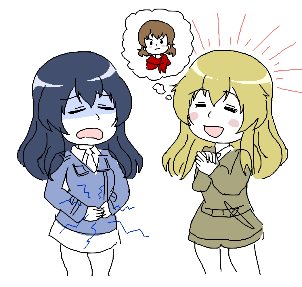 3girls anzio_military_uniform aqclk blonde_hair blue_hair blue_jacket brown_hair caesar_(girls_und_panzer) carpaccio_(girls_und_panzer) closed_eyes collared_shirt eclair_(girls_und_panzer) girls_und_panzer girls_und_panzer_gekitou!_maginot-sen_desu!! grey_jacket grey_skirt hands_on_own_stomach jacket long_hair look-alike maginot_military_uniform miniskirt multiple_girls own_hands_together pencil_skirt red_scarf scarf shirt short_hair skirt white_shirt white_skirt
