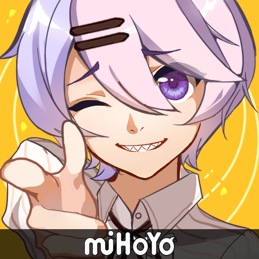 1girl bang_(gesture) close-up company_name finger_gun hair_between_eyes hair_ornament hairpin honkai_(series) honkai_impact_3rd multicolored_hair one_eye_closed open_mouth parody peano_(user_jwrf4523) polo_shirt portrait purple_eyes purple_hair sharp_teeth shirt short_hair simple_background sin_mal teeth two-tone_hair white_shirt yellow_background