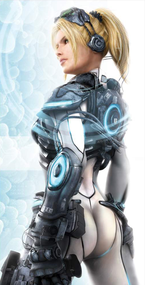 00s 1girl 2004 3d armor ass blonde_hair bodysuit female_focus from_behind ghost_(starcraft) gun head-mounted_display lips lipstick looking_back makeup neon_trim nova_(starcraft) november_terra official_art ponytail power_armor profile rifle skin_tight solo standing starcraft terran weapon