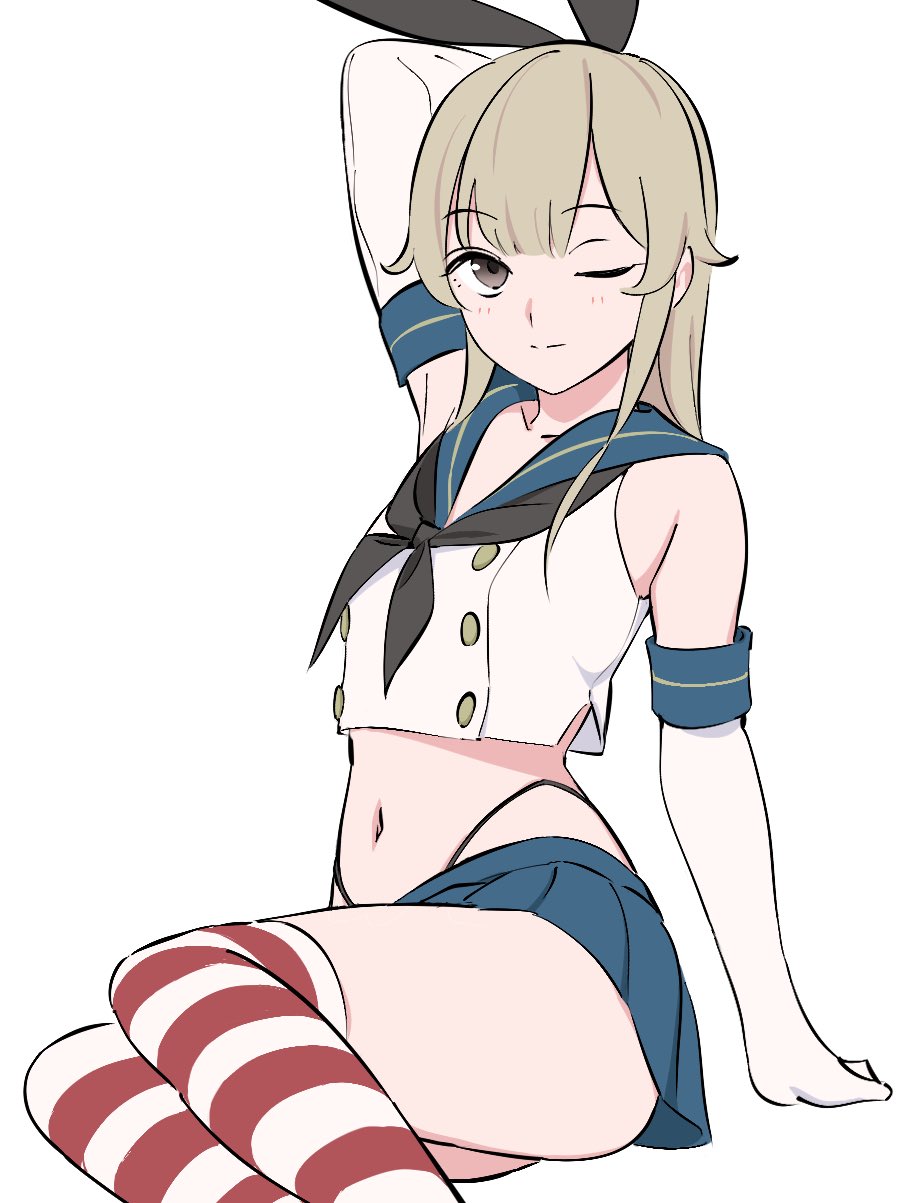 1girl ass black_neckerchief black_panties blonde_hair blue_sailor_collar blue_skirt blush brown_eyes closed_mouth elbow_gloves feet_out_of_frame gloves highleg highleg_panties highres kantai_collection kashiwa_(iersansi) long_hair looking_at_viewer navel neckerchief one_eye_closed panties pleated_skirt sailor_collar shimakaze_(kancolle) simple_background skirt solo striped_clothes striped_thighhighs thighhighs underwear white_background white_gloves