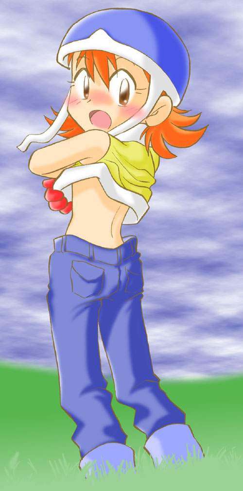 1girl denim digimon digimon_adventure jeans open_mouth orange_hair pants short_hair takenouchi_sora undressing