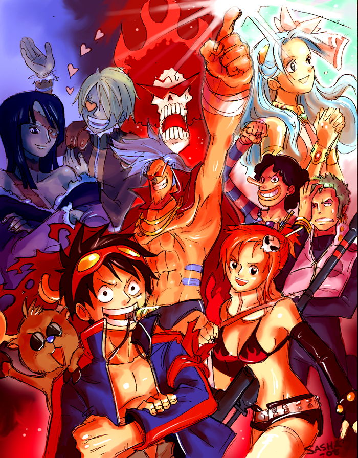 3girls 6+boys abs adiane adiane_(cosplay) announcer_guy armlet bad_deviantart_id bad_id bangle bikini bikini_top_only boota_(cosplay) boota_(ttgl) bracelet breasts brook_(one_piece) cleavage cosplay earrings everyone facepalm franky_(one_piece) heart heart-shaped_eyes jewelry kamina_(cosplay) kamina_(ttgl) kamina_pose large_breasts leeron_(cosplay) leeron_littner monkey_d._luffy multiple_boys multiple_girls nami_(one_piece) navel necklace nefertari_vivi nia_teppelin nia_teppelin_(cosplay) nico_robin one_piece parody pointing pointing_up roronoa_zoro sanji_(one_piece) scar simon_(cosplay) simon_(ttgl) skull standing sunglasses swimsuit teeth tengen_toppa_gurren_lagann tony_tony_chopper usopp viral_(cosplay) viral_(ttgl) yoko_littner yoko_littner_(cosplay)