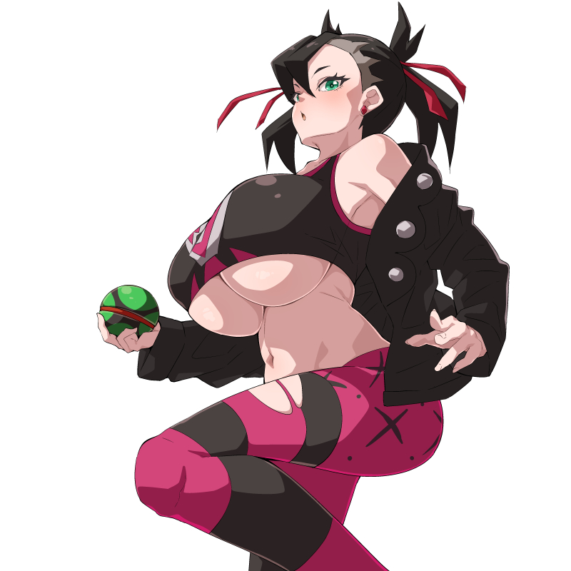 1girl alternate_breast_size asymmetrical_bangs black_hair black_jacket black_sports_bra blush breasts dusk_ball earrings green_eyes hair_ribbon holding holding_poke_ball huge_breasts jacket jewelry leggings looking_at_viewer looking_down marnie_(pokemon) midriff nanashi_maru nintendo open_mouth poke_ball pokemon pokemon_swsh ribbon simple_background solo sports_bra torn_clothes torn_leggings twintails underboob