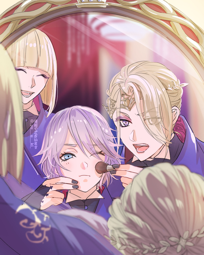 3boys applying_another&#039;s_makeup applying_makeup blonde_hair blue_eyes commentary_request epel_felmier indoors looking_at_mirror looking_at_viewer makeup_brush male_focus mirror multiple_boys one_eye_closed purple_eyes purple_hair rook_hunt short_hair twisted_wonderland vil_schoenheit yuuki_(yukko7474)