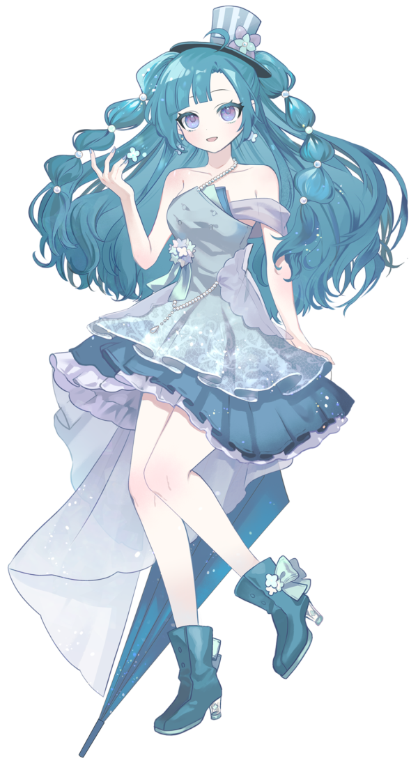 1girl :d ahoge aqua_hair blue_dress blue_nails blue_shoes bond_en bondlive colored_eyelashes dress frilled_dress frills full_body hat long_hair multi-tied_hair nail_polish official_art open_mouth purple_eyes shoes simple_background smile solo striped_hat tinsel_everclear top_hat transparent_background virtual_youtuber