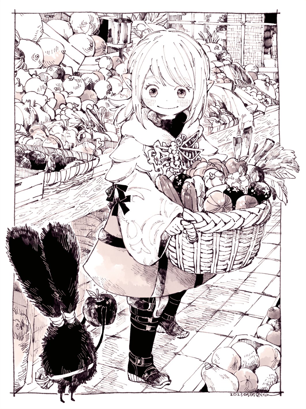 1girl apple basket black_boots boots border commentary creature dated final_fantasy final_fantasy_xiv food from_side fruit full_body hatching highres holding holding_basket holding_food holding_fruit itowo_(itowc) lalafell market_stall monochrome outdoors outside_border pear pointy_ears robe sepia short_hair side_ponytail signature smile solo spriggan_(final_fantasy) standing swept_bangs thigh_boots vegetable warrior_of_light_(ff14) white_border wide_sleeves