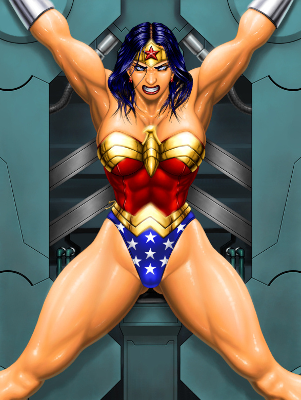 1girl abs angry armpits arms_up bdsm blue_eyes blue_hair bondage bound breasts dc_comics earrings female_focus jewelry leotard long_hair matching_hair/eyes muscular s.y.r solo tiara wonder_woman wonder_woman_(series)