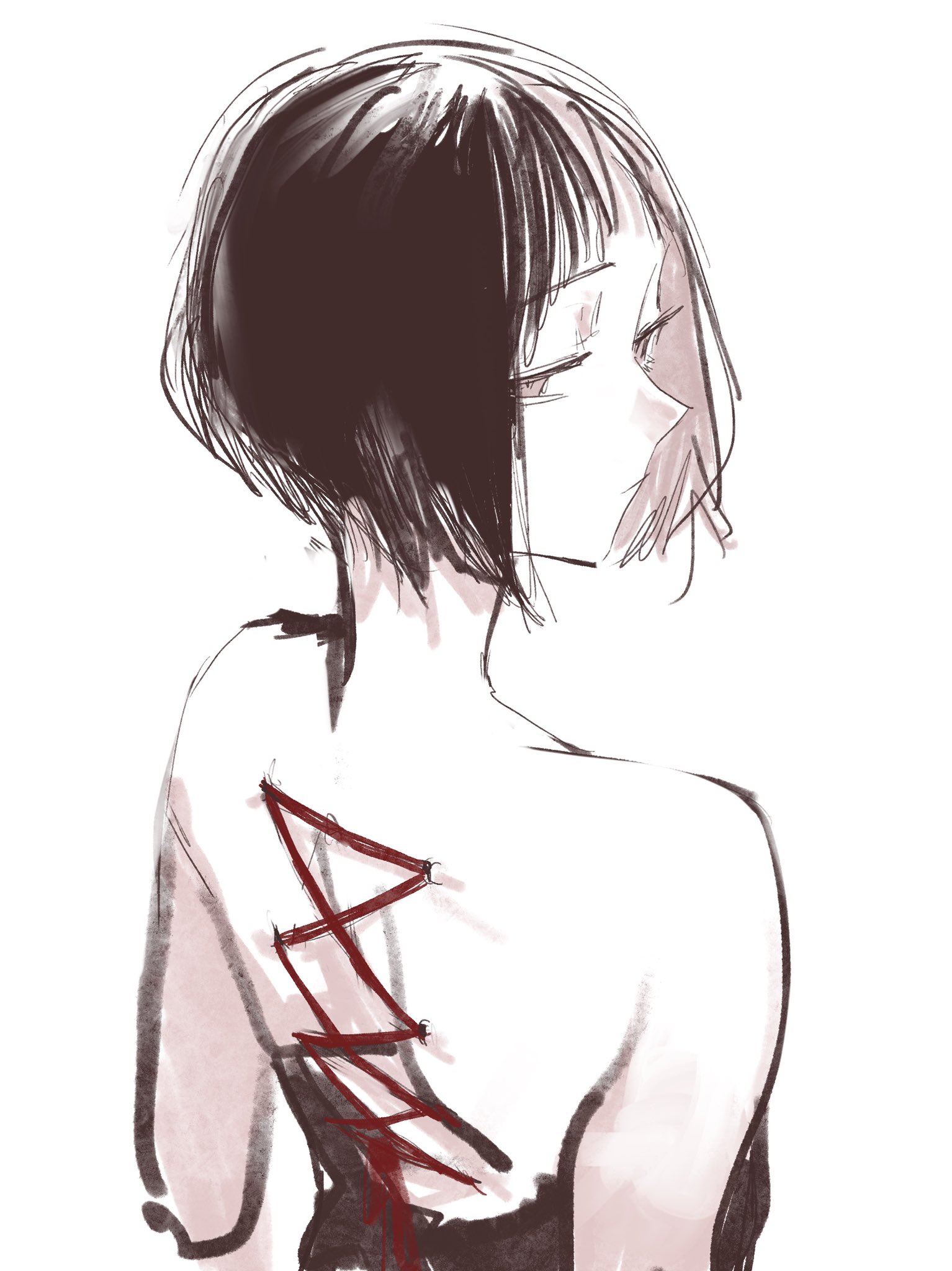 1girl expressionless highres ikuhana_niiro looking_at_viewer looking_back piercing short_hair tagme