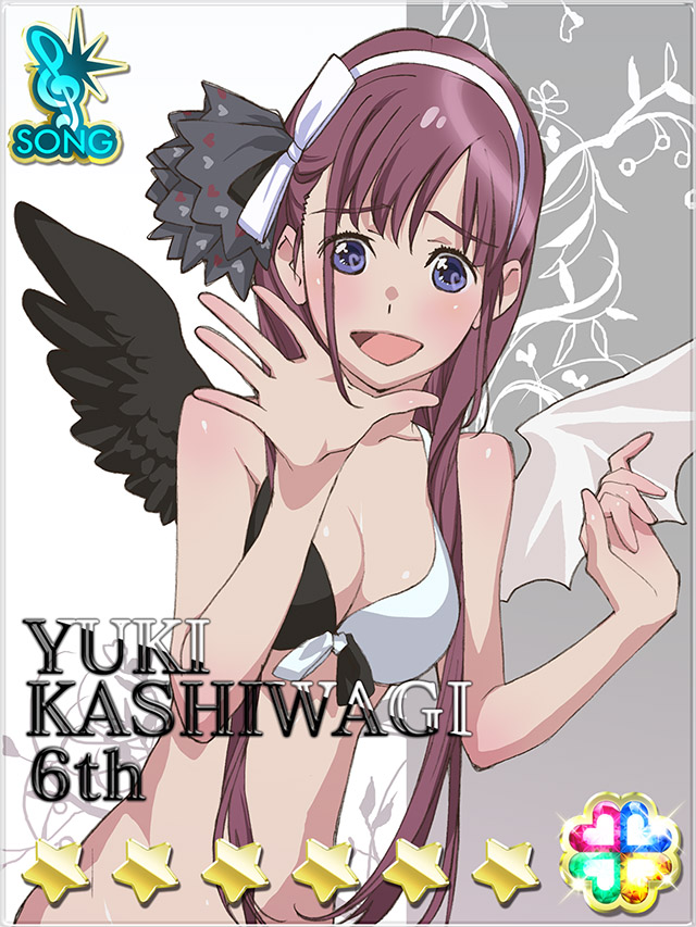 1girl :d akb0048 angel_wings bikini black_wings blue_eyes border bow breasts card_(medium) character_name cleavage cowboy_shot demon_wings ebata_risa fake_wings fanged_bangs hair_bow heart kashiwagi_yuki_(akb0048) long_hair looking_at_viewer non-web_source official_art open_mouth purple_hair smile solo standing star_(symbol) swimsuit treble_clef white_border white_wings wings