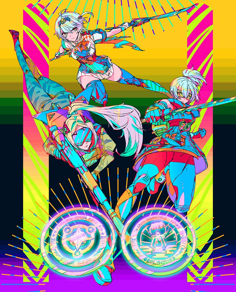 3girls anby_demara anby_demara_(silver_soldier) ascot black_boots black_gloves black_hairband blindfold boots braided_sidelocks camouflage camouflage_jacket covered_eyes dress dual_wielding eye_mask gloves grey_hair gun hair_ornament hairband holding holding_gun holding_sword holding_weapon jacket long_hair mizu_cx multiple_girls official_alternate_costume orange-tinted_eyewear orange_ascot orange_eyes pants ponytail rifle short_hair sniper_rifle soldier_11_(zenless_zone_zero) sword tight_clothes tight_pants tinted_eyewear triangle_hair_ornament trigger_(zenless_zone_zero) weapon white_dress yellow-tinted_eyewear zenless_zone_zero