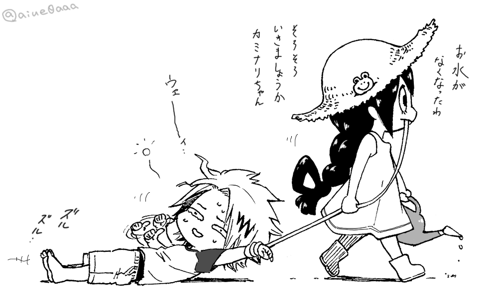 10s 1boy 1girl :&gt; aged_down aiue0 asui_tsuyu barefoot black_hair blush blush_stickers boku_no_hero_academia bootie commentary_request dragging dress frog_girl graphite_(medium) greyscale hair_rings hat holding_hands kaminari_denki long_hair long_tongue low-tied_long_hair millipen_(medium) monochrome multicolored_hair open_mouth pen_(medium) shirt short_hair smile spiked_hair straw_hat sundress t-shirt tongue tongue_hold tongue_out traditional_media translation_request two-tone_hair very_long_tongue watering_can