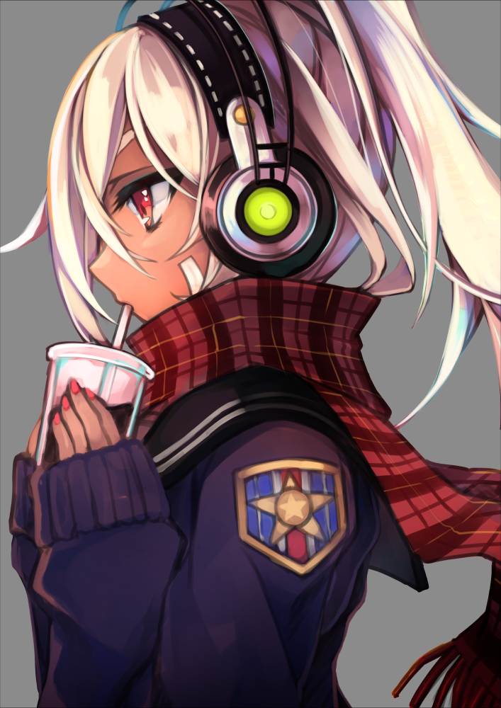 1girl azur_lane black_sailor_collar cardigan coffee commentary_request crossed_bangs cup dark-skinned_female dark_skin disposable_coffee_cup disposable_cup expressionless facepaint grey_background hair_between_eyes headphones high_ponytail holding holding_cup long_hair long_sleeves minneapolis_(azur_lane) minneapolis_(wild_huntress_schoolgirl)_(azur_lane) nail_polish official_alternate_costume otogi_kyouka patch pink_nails plaid_clothes plaid_scarf ponytail profile purple_cardigan red_eyes red_scarf sailor_collar scarf simple_background sleeves_past_wrists solo upper_body very_long_hair white_hair