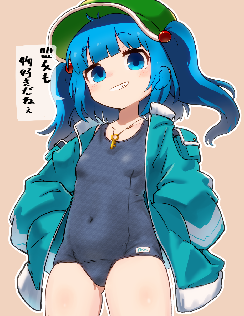 1girl alternate_costume blue_hair blue_shirt blush breasts brown_background cabbie_hat commentary_request cowboy_shot green_hat grey_one-piece_swimsuit grin hair_bobbles hair_ornament hands_in_pockets hat highres jewelry kawashiro_nitori key key_necklace looking_at_viewer medium_hair necklace one-piece_swimsuit open_clothes open_shirt school_swimsuit shirt simple_background small_breasts smile solo swimsuit touhou translation_request two_side_up uisu_(noguchipint)