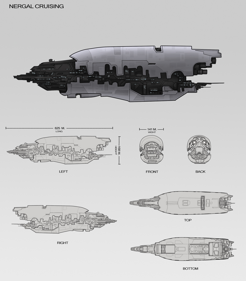 battlecruiser_(eve_online) carmics reference_sheet commentary_request concept_art eve_online from_side greyscale military_vehicle monochrome multiple_views original science_fiction simple_background spacecraft spanish_commentary thrusters vehicle_focus