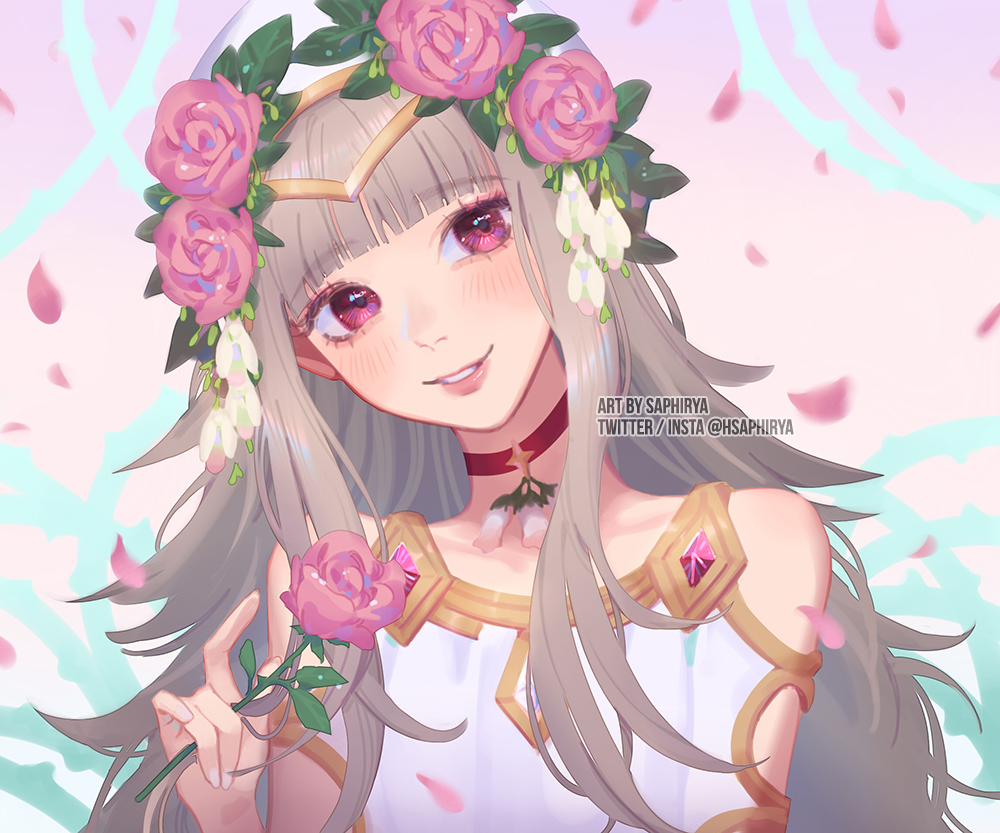 1girl artist_name bare_shoulders blush choker commentary dress english_commentary english_text fire_emblem fire_emblem_heroes flower grey_hair hair_flower hair_ornament hat holding holding_flower instagram_username jewelry leaf leaf_hair_ornament lips long_hair looking_at_viewer nail_(hardware) nintendo official_alternate_costume parted_lips petals pink_flower pink_rose red_choker red_eyes rose saphirya smile solo teeth twitter_username valentine veronica_(fire_emblem) white_dress white_flower white_hat