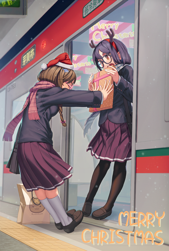 2girls antlers black_hair black_jacket black_legwear black_skirt blush brown_eyes brown_hair christmas closed_eyes commentary_request copyright_request gift glasses horns jacket long_hair merry_christmas multiple_girls outdoors pantyhose red_scarf reindeer_antlers reindeer_hair_ornament rotix scarf skirt socks train white_legwear yuri