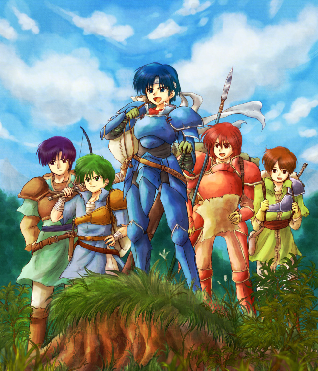 5boys :d alm_(fire_emblem) armor blue_armor blue_eyes blue_hair brown_hair fire_emblem fire_emblem_gaiden gray_(fire_emblem) green_hair holding holding_map holding_sword holding_weapon kliff_(fire_emblem) lukas_(fire_emblem) map multiple_boys nintendo open_mouth outdoors purple_hair red-50869 red_armor red_hair smile standing sword tobin_(fire_emblem) weapon