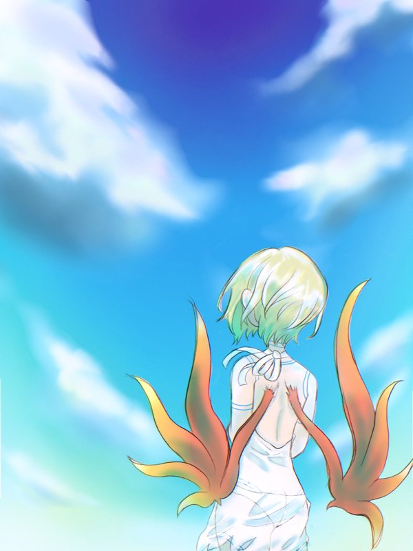 1girl blue_sky breath_of_fire breath_of_fire_v cloud dress from_behind full-body_tattoo green_hair namonesan nina_(breath_of_fire_v) panties red_wings see-through_clothes short_hair skirt sky solo tattoo underwear white_dress white_panties wings