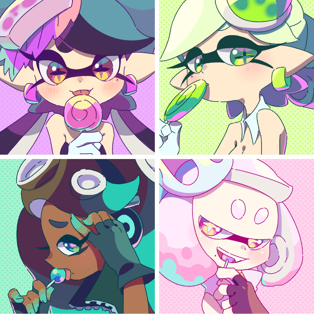 4girls :p bare_shoulders black_gloves black_hair black_jumpsuit black_shirt blue_eyes blue_hair blush breasts brown_hair callie_(splatoon) callie_(squid_sisters_outfit)_(splatoon) candy cleavage collar colored_extremities commentary_request crop_top cross-shaped_pupils crown dark-skinned_female dark_skin detached_collar dress earrings eating fingerless_gloves food furrowed_brow gloves green_hair hand_on_own_face headphones holding holding_candy holding_food holding_lollipop inkling jewelry jumpsuit licking lollipop long_hair marie_(splatoon) marie_(squid_sisters_outfit)_(splatoon) marina_(off_the_hook_outfit)_(splatoon) marina_(splatoon) medium_hair mole mole_under_eye mole_under_mouth multicolored_hair multiple_girls nintendo octoling orange_eyes parted_bangs pearl_(off_the_hook_outfit)_(splatoon) pearl_(splatoon) pink_hair pointy_ears polka_dot polka_dot_background profile shirt short_bangs short_hair sleeveless sleeveless_dress splatoon_(series) splatoon_2 suction_cups swept_bangs swirl_lollipop symbol-shaped_pupils tentacle_hair thick_eyebrows tilted_headwear tongue tongue_out twintails two-tone_hair ukata white_collar white_crown white_dress white_gloves zipper