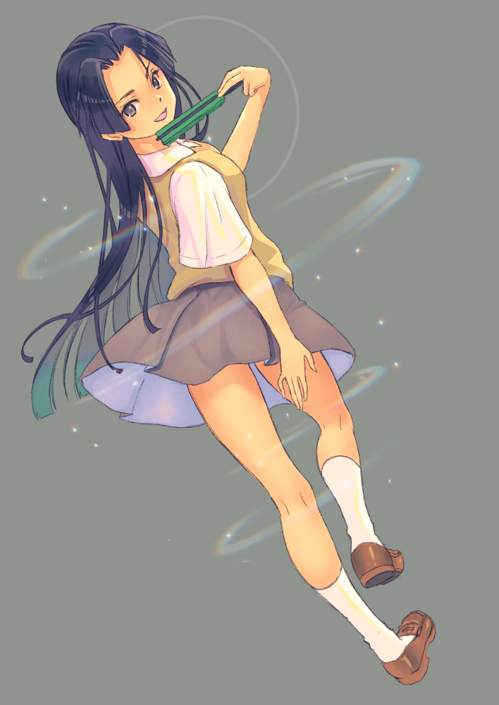 1girl :d aerokinesis blue_eyes blue_hair brown_shoes floating_hair grey_background grey_skirt hair_intakes holding jj_(ssspulse) kneehighs kongou_mitsuko loafers long_hair looking_at_viewer looking_back miniskirt open_mouth school_uniform shirt shoes short_sleeves skirt smile socks solo straight_hair toaru_kagaku_no_railgun toaru_majutsu_no_index tokiwadai_school_uniform very_long_hair vest white_shirt white_socks wind yellow_vest