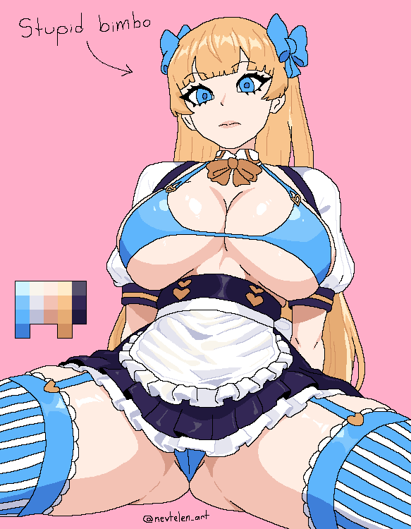 1girl apron arm_support arms_behind_back arrow_(symbol) back_ribbon bikini blonde_hair blue_bikini blue_bow blue_eyes blue_thighhighs blunt_bangs borrowed_character bow bowtie breastless_clothes breasts cleavage collar color_guide detached_collar detached_sleeves english_text expressionless frilled_apron frills garter_straps gold_bow gold_bowtie hair_bow hair_ornament heart huge_breasts leaning_back light_frown lina_(michihasu) long_hair looking_at_viewer maid maid_apron nevtelen original pink_background puffy_short_sleeves puffy_sleeves short_sleeves sideboob simple_background sitting solo spread_legs striped_clothes striped_thighhighs swimsuit thighhighs thighs unconventional_maid underboob white_apron white_thighhighs zettai_ryouiki
