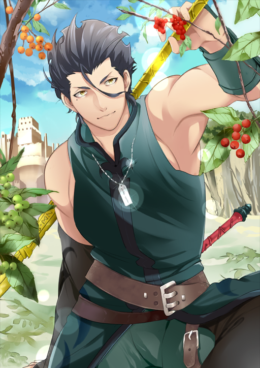 1boy arm_support arm_up azuazuazu19 bare_shoulders belt belt_buckle black_boots black_gloves black_hair blue_sky boots bracer brown_belt buckle castle closed_mouth cowboy_shot cowlick diarmuid_ua_duibhne_(fate) diarmuid_ua_duibhne_(lancer)_(fate) dual_wielding elbow_gloves fate/grand_order fate_(series) gae_buidhe_(fate) gae_dearg_(fate) glint gloves green_pants green_tunic hair_between_eyes high_collar holding holding_polearm holding_weapon leaf male_focus medium_hair mole mole_under_eye official_art outdoors pants pectorals plant plant_request polearm sidepec single_bracer single_glove sitting sky sleeveless_tunic smile solo sparkle thigh_strap third-party_source toned toned_male tunic weapon yellow_eyes