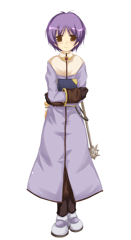1boy acolyte_(ragnarok_online) armored_boots blush book boots brown_eyes brown_gloves brown_pants cassock closed_mouth crossed_arms full_body gloves holding holding_book large_variant_set long_sleeves looking_at_viewer mace male_focus official_art pants purple_hair ragnarok:_guild_masters ragnarok_online short_hair simple_background smile solo spiked_mace spikes standing transparent_background variant_set weapon yumesato_makura