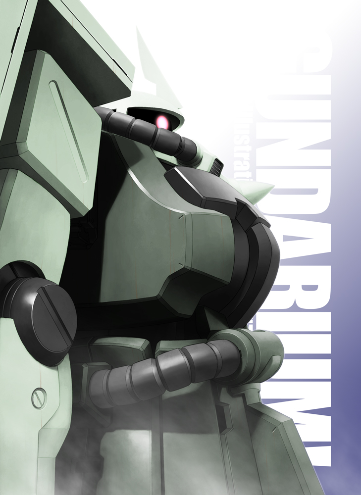 cable commentary_request english_text exposed_internal_machinery gradient_background gundam machinery mecha mecha_focus mobile_suit mobile_suit_gundam no_humans one-eyed radio_antenna red_eyes robot science_fiction shield shoumaru_(gadget_box) smoke title upper_body zaku zaku_ii zaku_ii_s zeon