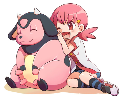 1girl blush buttons chibi chibi_only commentary_request gen_2_pokemon leaning_on_animal lowres miltank momiage nintendo one_eye_closed open_mouth pink_hair pokemon pokemon_(creature) pokemon_hgss red_eyes shadow shirt shoes simple_background sneakers socks striped_clothes striped_socks white_background white_shirt whitney_(pokemon)