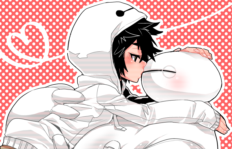 1boy baymax big_hero_6 black_hair blush character_hood closed_eyes colored_skin hand_on_another&#039;s_head haoro heart hiro_hamada hood hoodie hug kiss kissing_robot outline polka_dot polka_dot_background robot short_hair two-tone_background white_hoodie white_outline white_skin