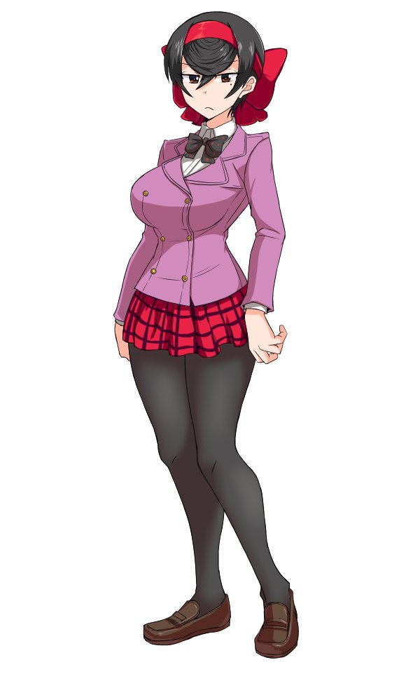 1girl black_bow black_bowtie black_hair black_pantyhose blazer bow bowtie brown_shoes buttons closed_mouth commentary double-breasted dress_shirt female_focus frown full_body girls_und_panzer girls_und_panzer_ribbon_no_musha hair_bow half-closed_eyes jacket loafers looking_at_viewer mimuni362 miniskirt mole mole_under_eye pantyhose plaid_clothes plaid_skirt pleated_skirt purple_jacket red_bow red_eyes red_skirt school_uniform shirt shoes short_hair simple_background skirt solo standing tatenashi_high_school_uniform tsuruki_shizuka white_background white_shirt wing_collar