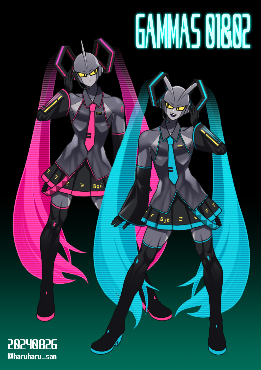 2024 2boys android black_gloves blue_necktie boots character_name colored_sclera colored_skin commentary_request cosplay crossdressing dated detached_sleeves dragon_ball dragon_ball_super dragon_ball_super_super_hero gamma_1 gamma_2 gloves grey_skin hand_on_headset hatsune_miku hatsune_miku_(cosplay) headset highres hologram k-haruka looking_to_the_side male_focus multiple_boys necktie open_mouth pink_necktie pleated_skirt shark_fin shirt skirt sleeveless sleeveless_shirt thigh_boots toned toned_male twintails twitter_username vocaloid yellow_sclera