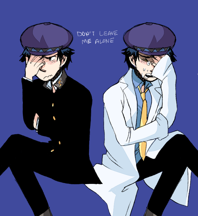 2girls bad_id bad_tumblr_id beret black_pants blue_background blue_hair blue_headwear blue_shirt brogeoisie dark_persona english_text hand_over_face hat lab_coat looking_away mirror_image multiple_girls necktie pants persona persona_4 sad school_uniform shadow_(persona) shadow_naoto shirogane_naoto shirt sobbing yasogami_school_uniform yellow_eyes yellow_necktie